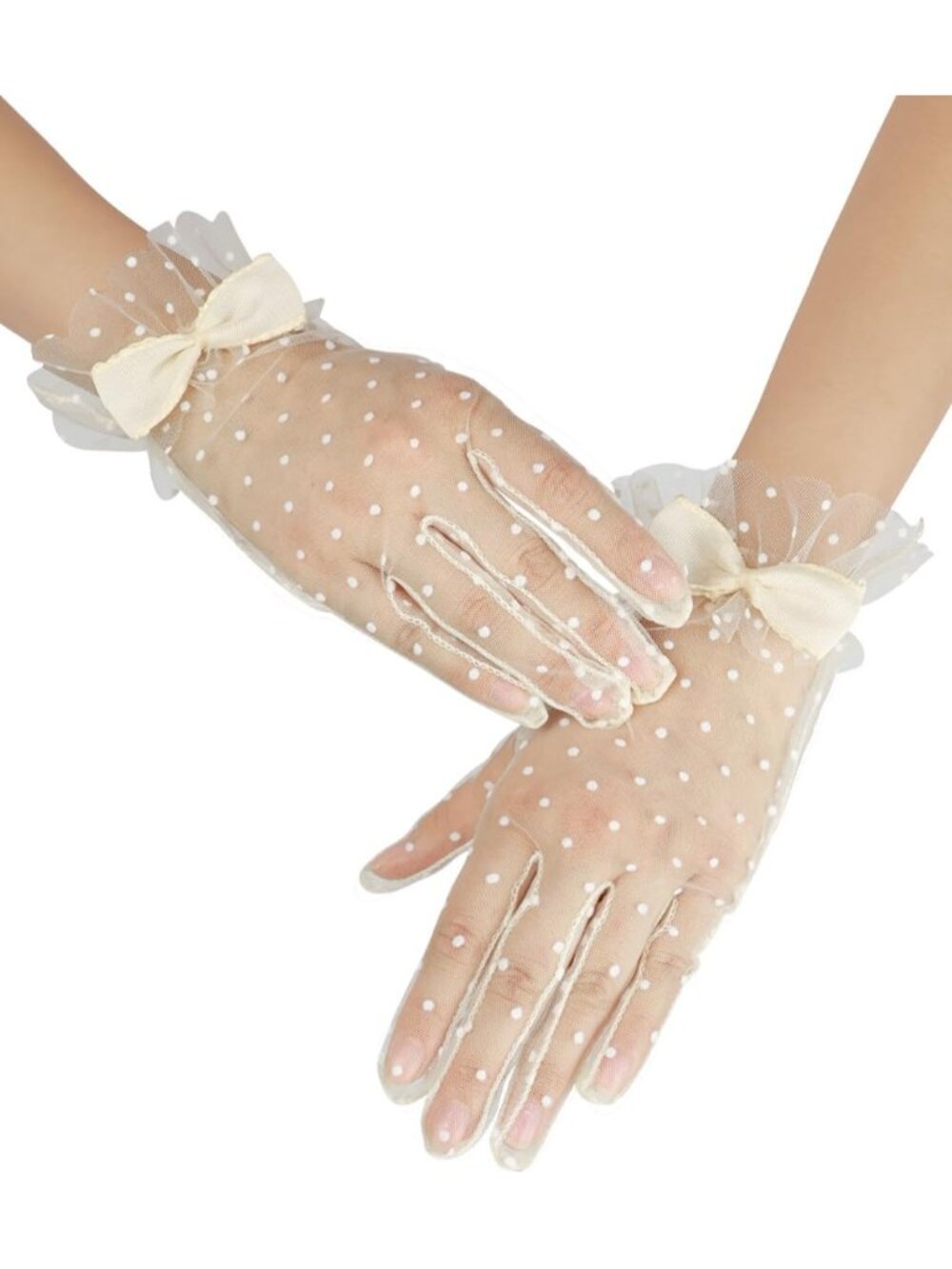 Women's Beige 1920s Cocktail Opera Wrist Length Tulle Short Sheer Mesh Gloves